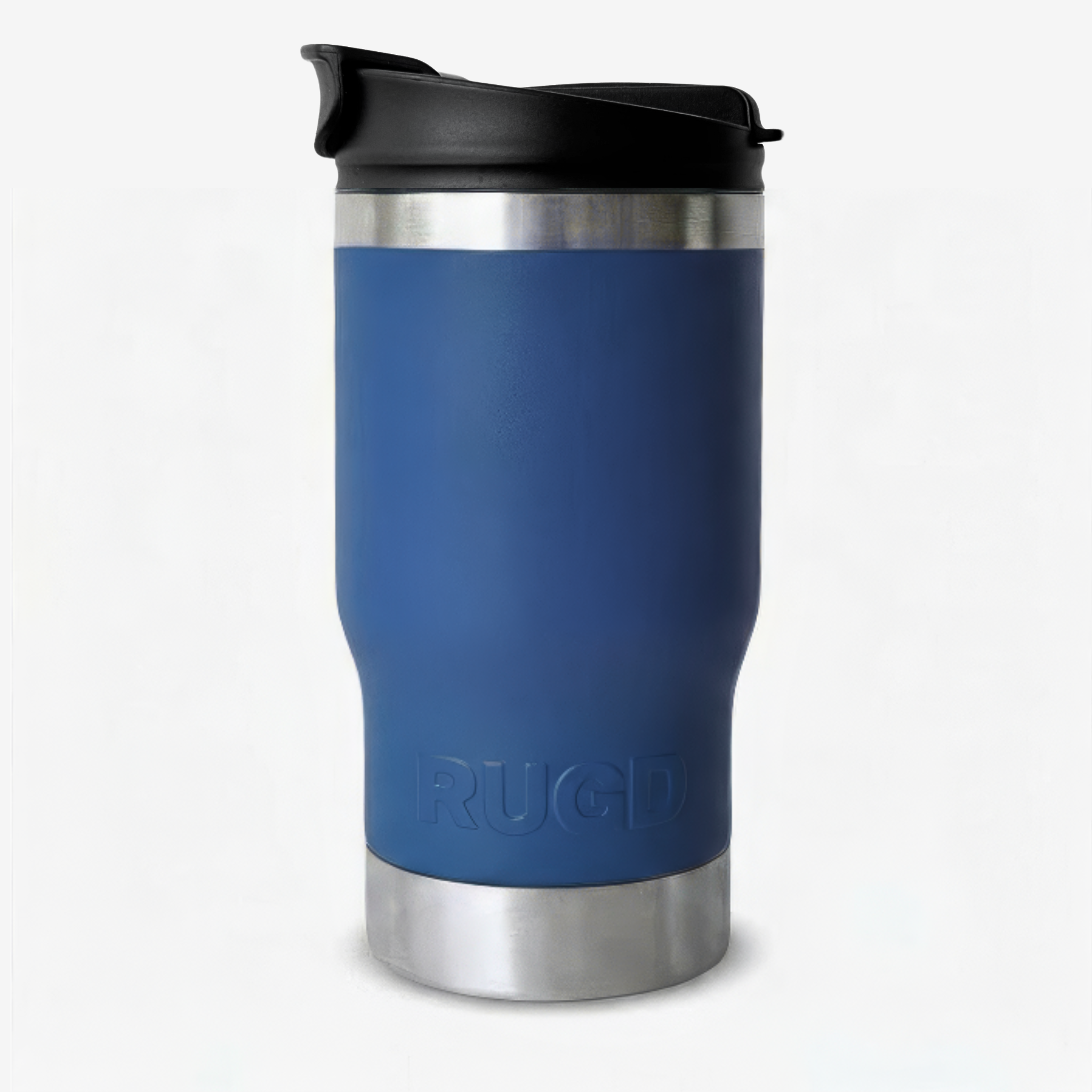 Get Rug'd Best Stubby Cooler Coffee Cup in navy blue with stainless steel base and spill-proof lid