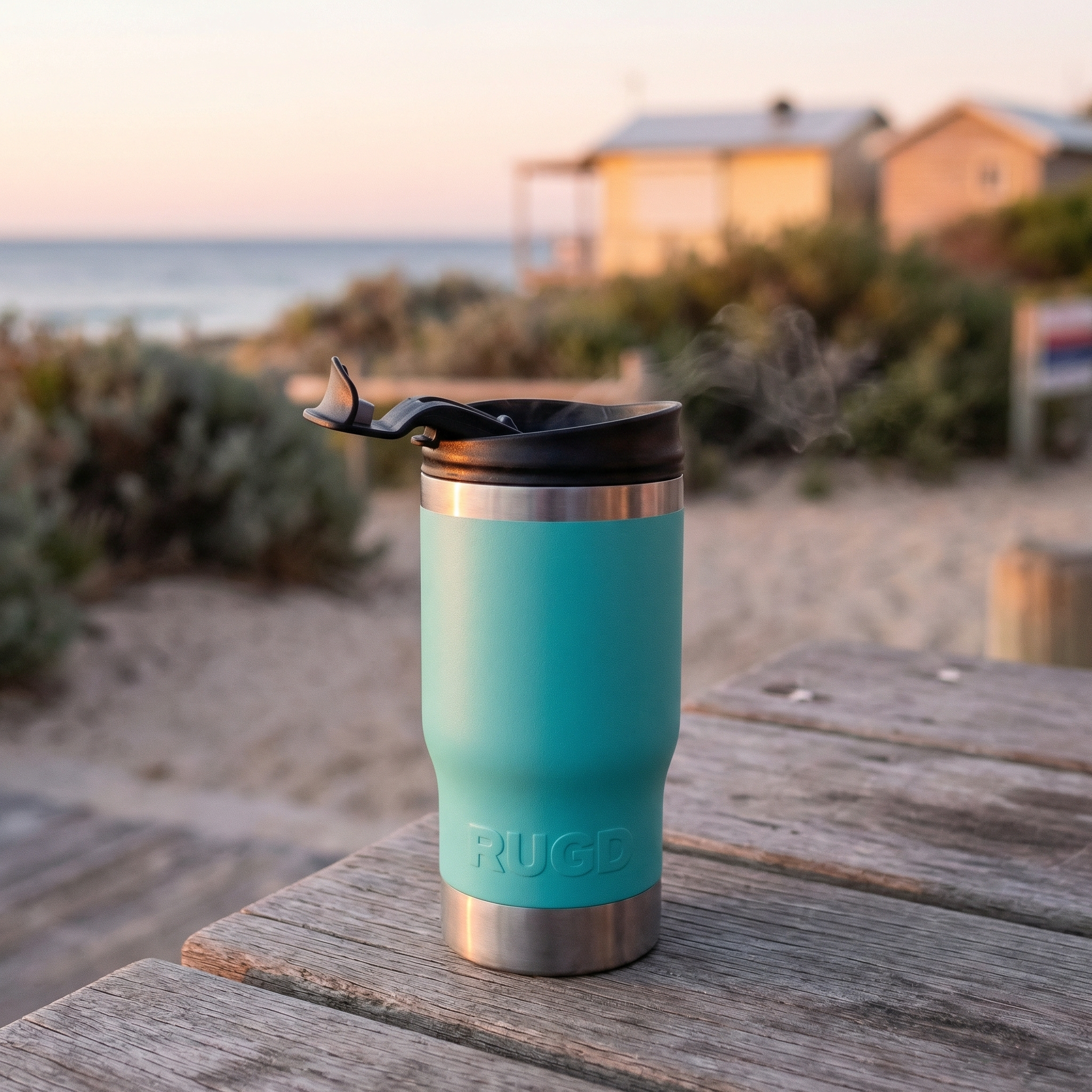 Turquoise tumbler with black lid on a wooden surface by the beach at sunset.