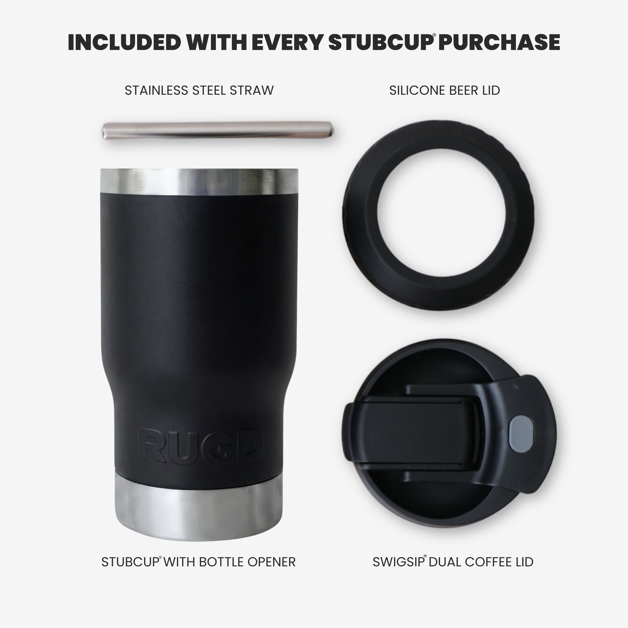 Get Rug'd StubCup stubby cooler coffee cup for drinking beer with included stainless steel straw and silicone lids