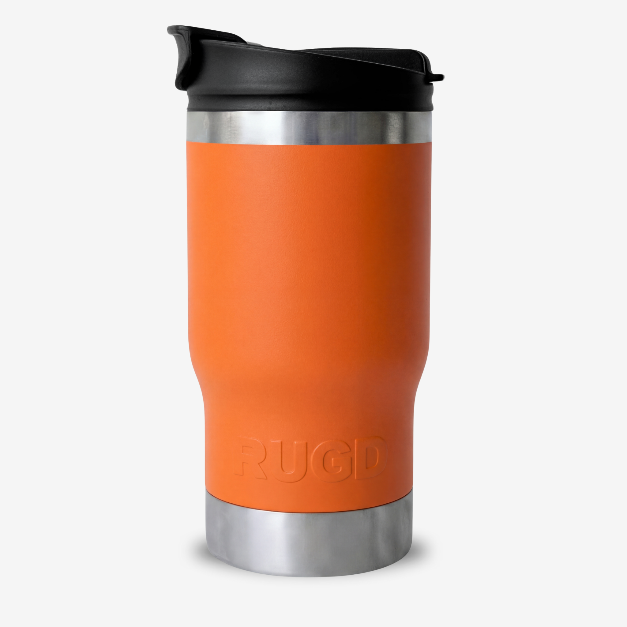 Get Rug'd StubCup orange can stubby holder cooler coffee cup with a stainless steel base and black lid