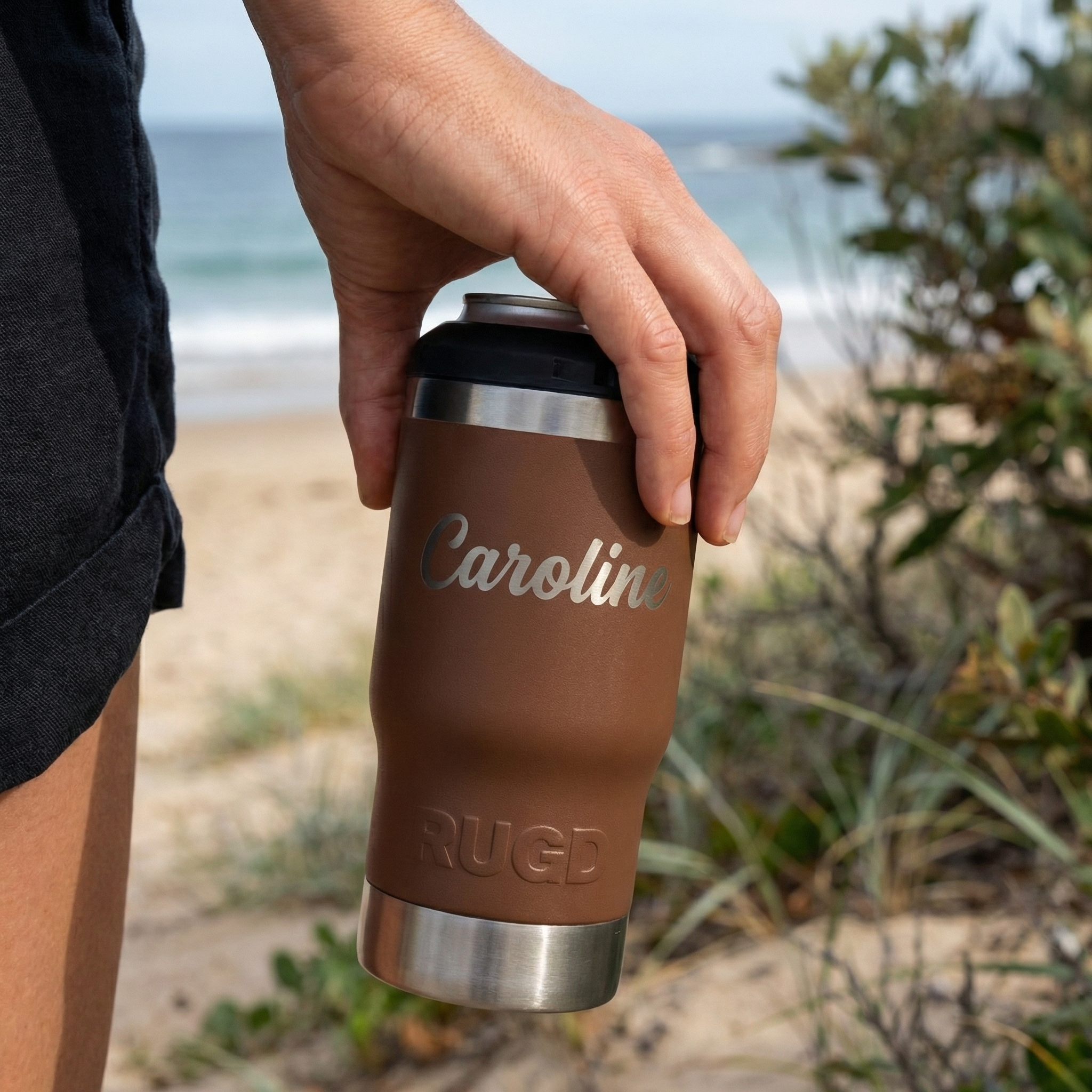 RUGD stubby cooler holder coffee cup mug 5in1 stubcup with personalised engraving by the beach