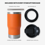 Get Rug'd StubCup orange can stubby holder cooler coffee cup with stainless steel straw and silicone lid