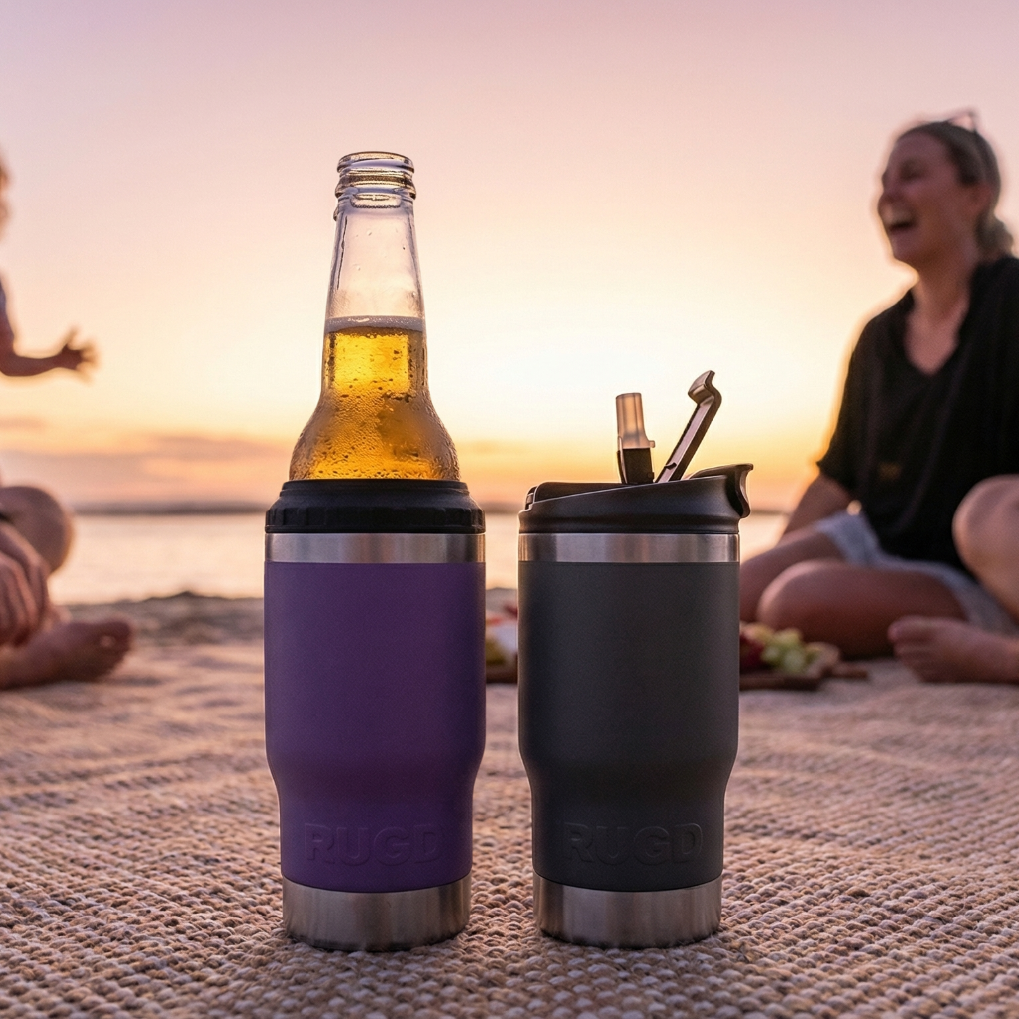 Get Rug'd StubCup Purple tumbler purple beer drinking cup next to a bottle at sunset