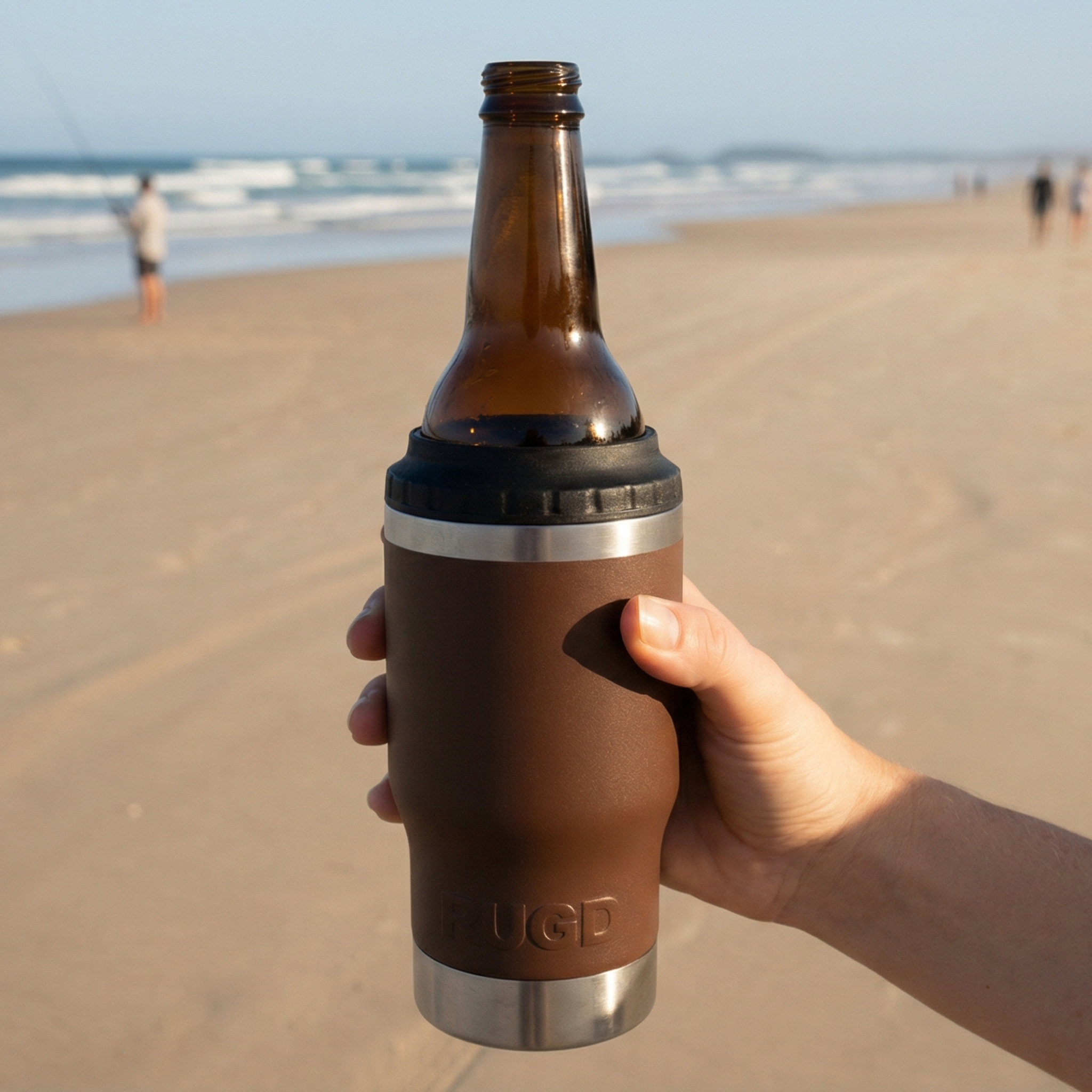 RUGD Stubby Cooler Holder Coffee Cup Mug 5in1 Stubcup in use at the beach with a beverage