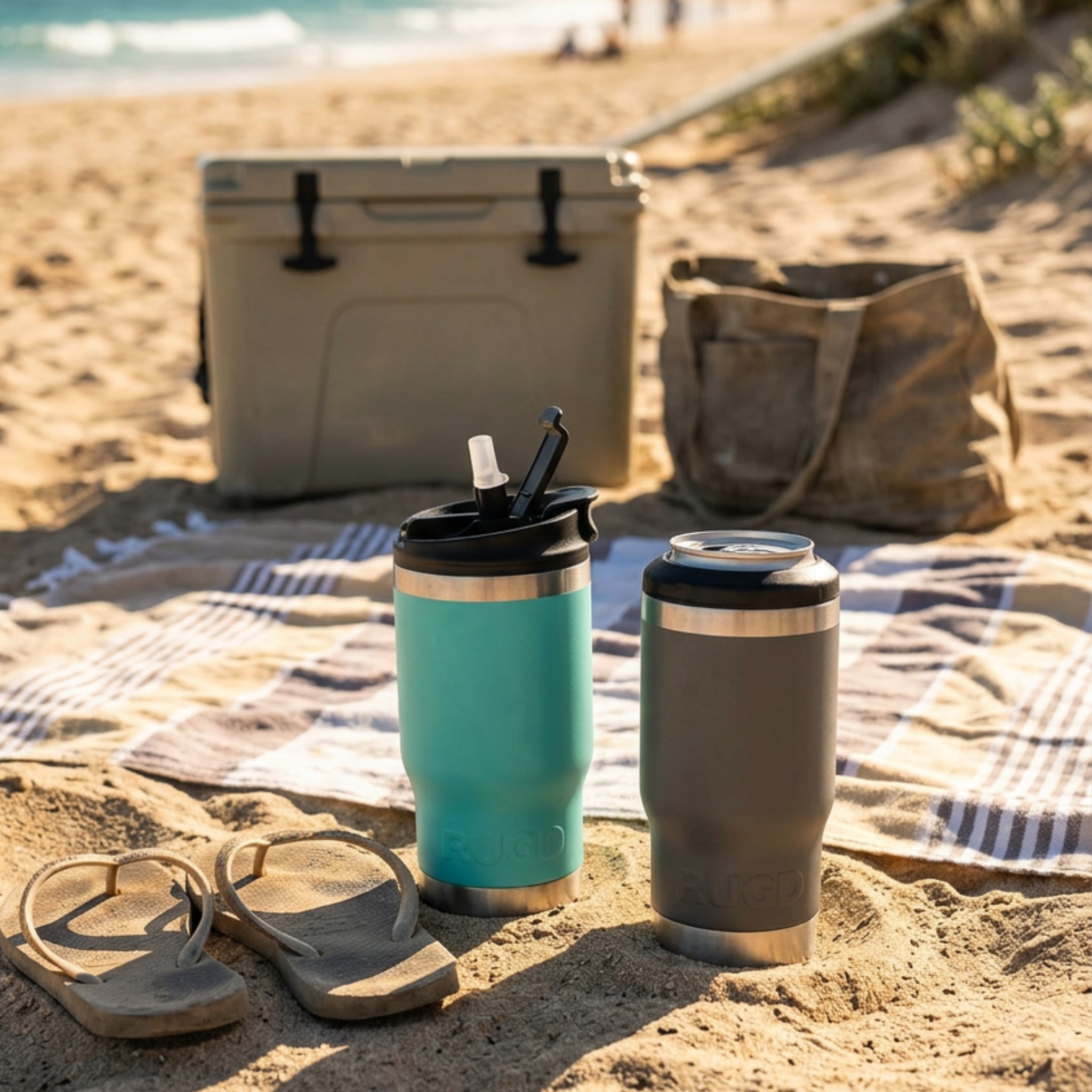 Get Rug'd StubCup Grey stubby cooler coffee cup beer can bottle at the beach, paired with flip flops and a cooler