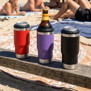 Get Rug'd StubCup Red stubby cooler coffee cup can cooler drinking with two other colorful cups on a beach