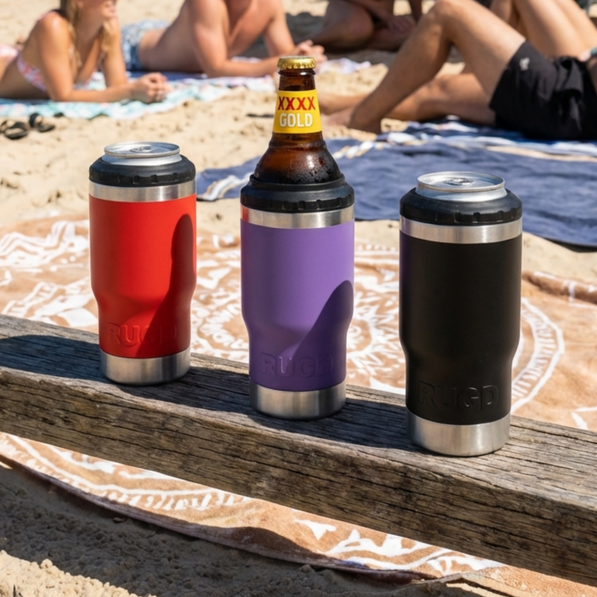 Get Rug'd StubCup Red stubby cooler coffee cup can cooler drinking with two other colorful cups on a beach