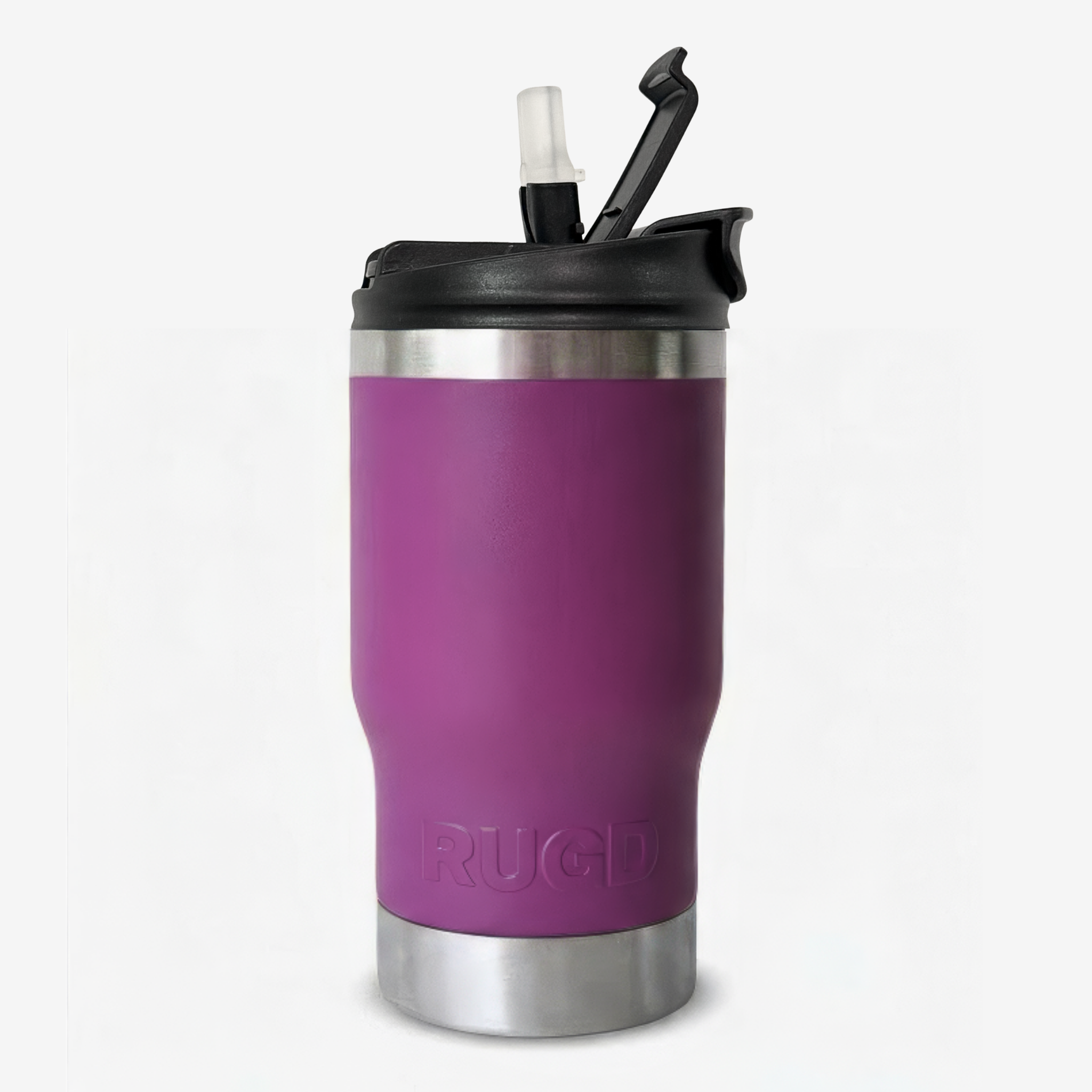 Get Rug'd StubCup Grape stubby cooler coffee cup with straw in a vibrant purple design