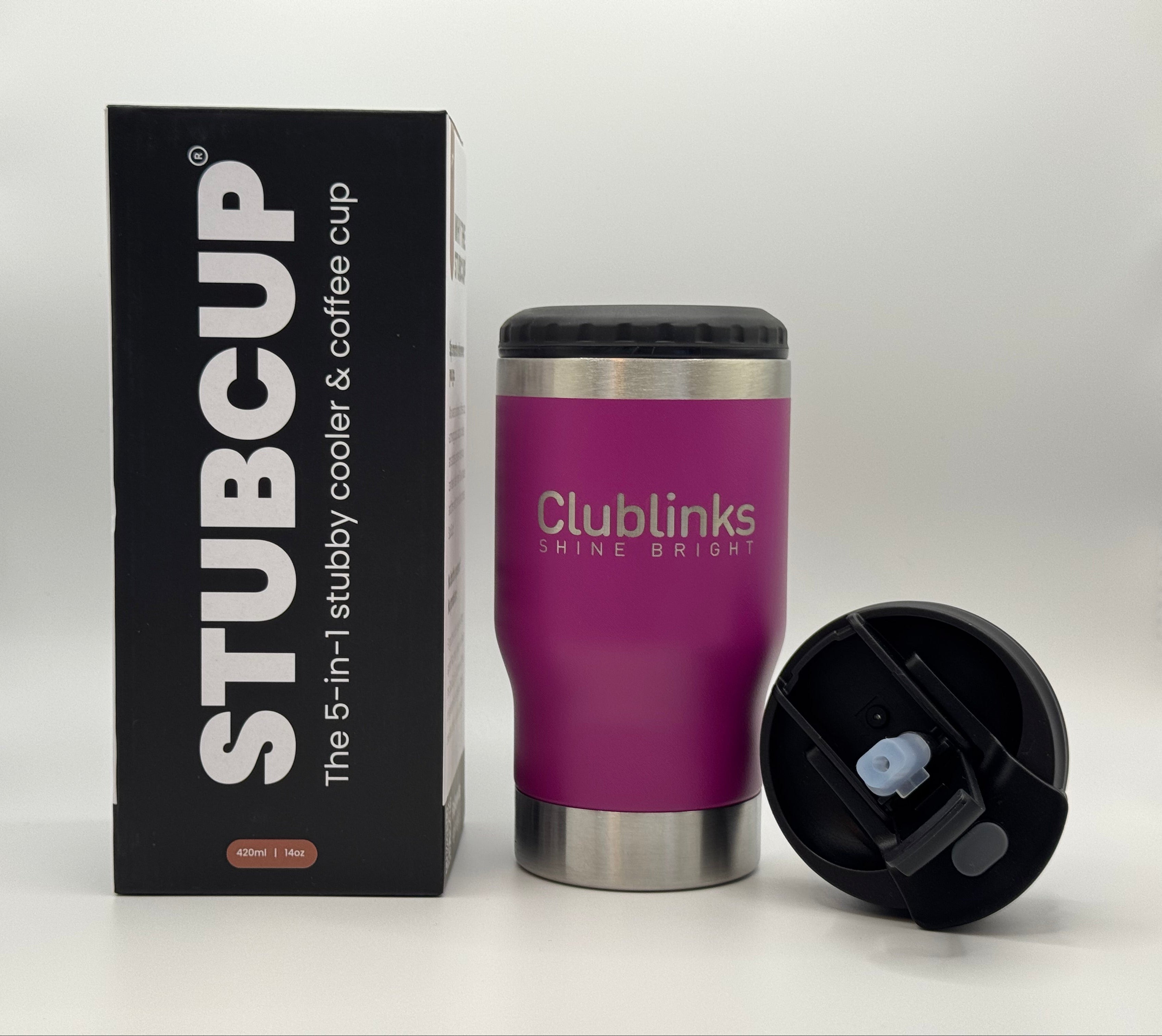 Purple tumbler with 'Clublinks' branding next to its packaging on a white background