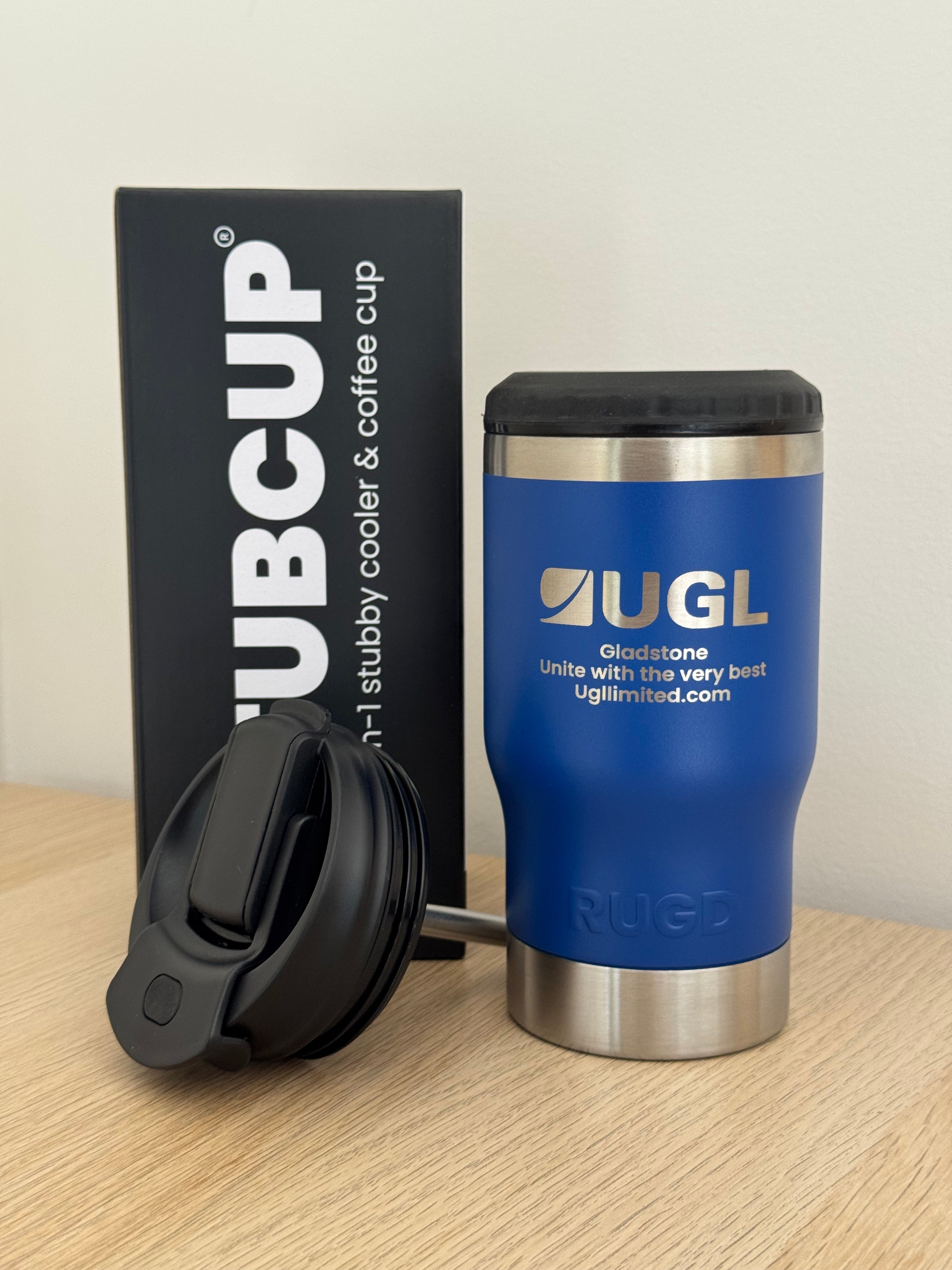 Blue insulated tumbler with UGL logo on a white surface next to a black box labeled 'SUBCUP'.