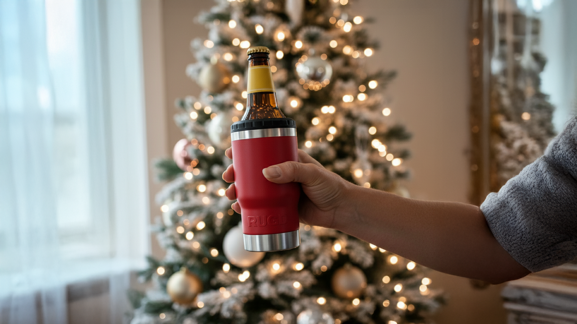 Person holding a red  stubcup with a beer bottle in front of a decorated Christmas tree.