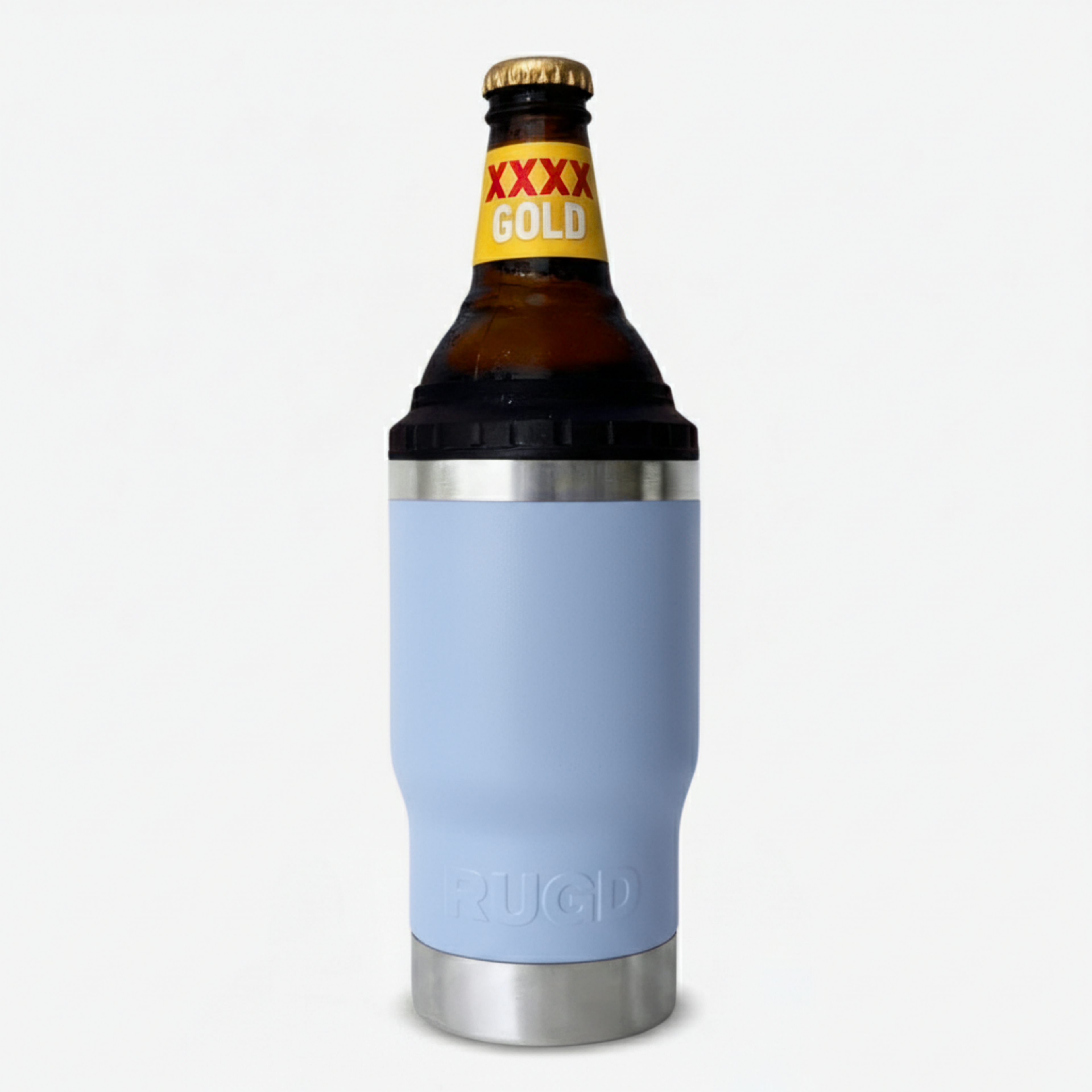 Get Rug'd StubCup insulated tumbler beer coffee in light blue with a beer bottle for temperature control