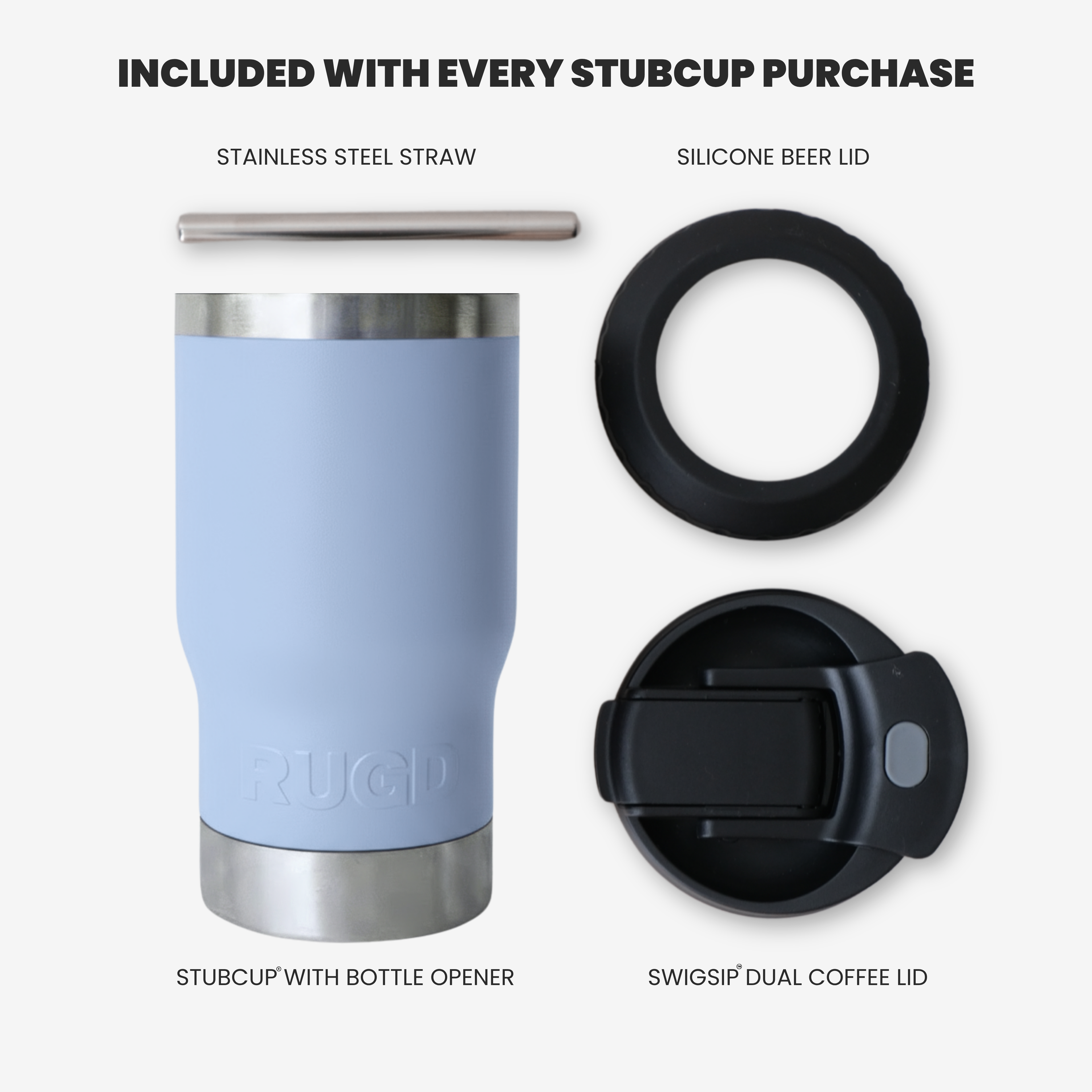 Get Rug'd StubCup insulated tumbler beer coffee with straw, silicone lid, and bottle opener included