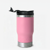 StubCup Pink can cooler drinking cup with stainless steel base and lid for insulated beverages