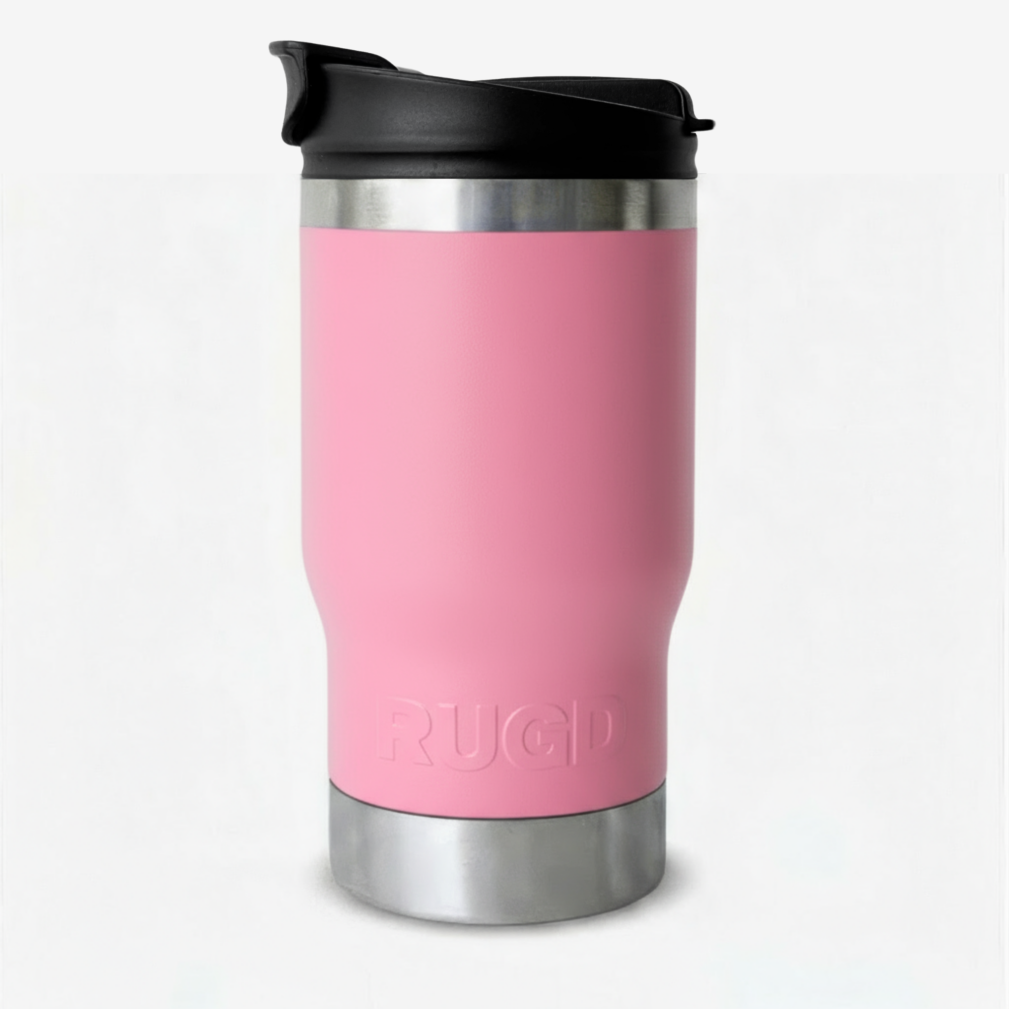 Get Rug'd StubCup Pink can cooler drinking cup with a stainless steel base and spill-proof lid