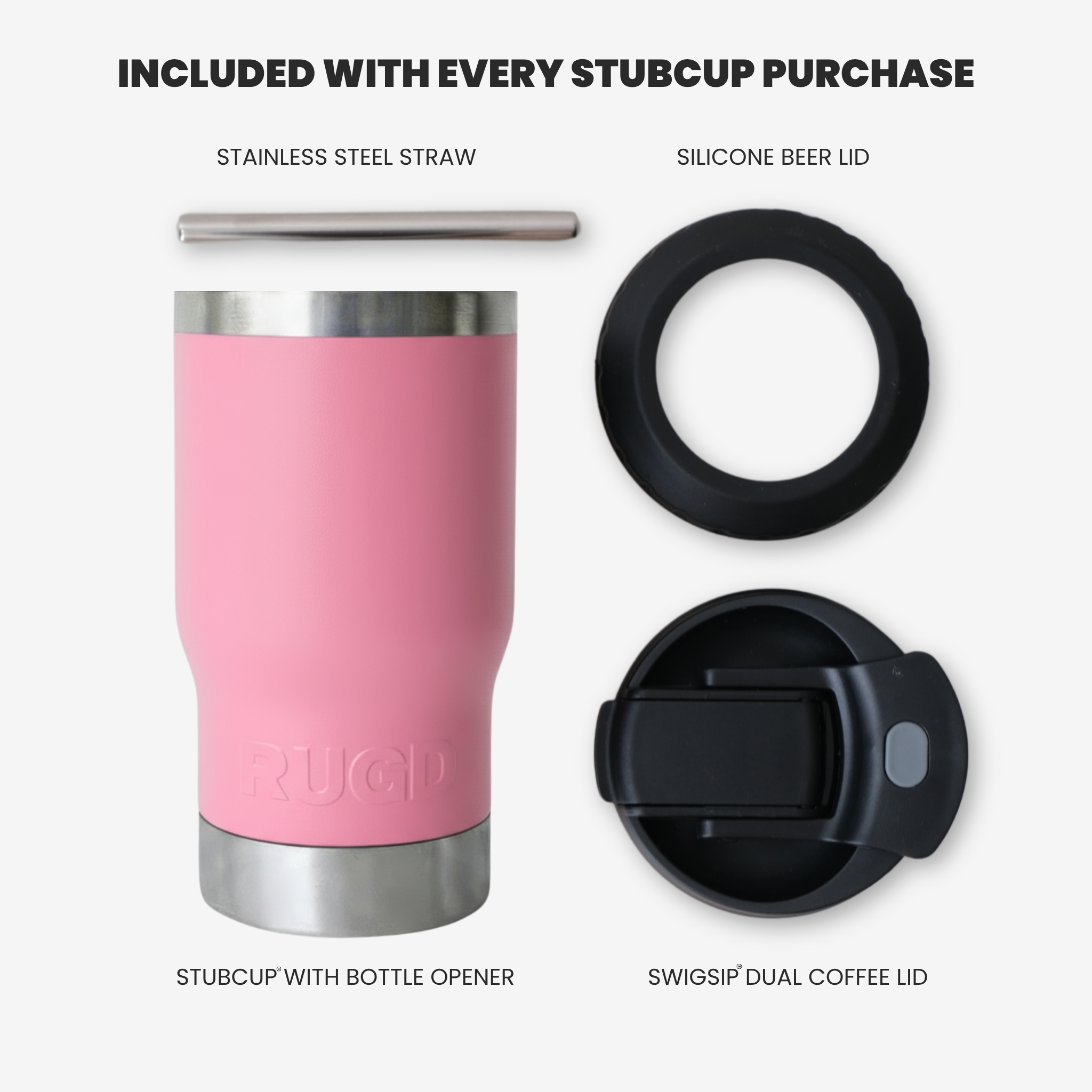 Get Rug'd StubCup Pink can cooler drinking cup with stainless steel straw and silicone beer lid