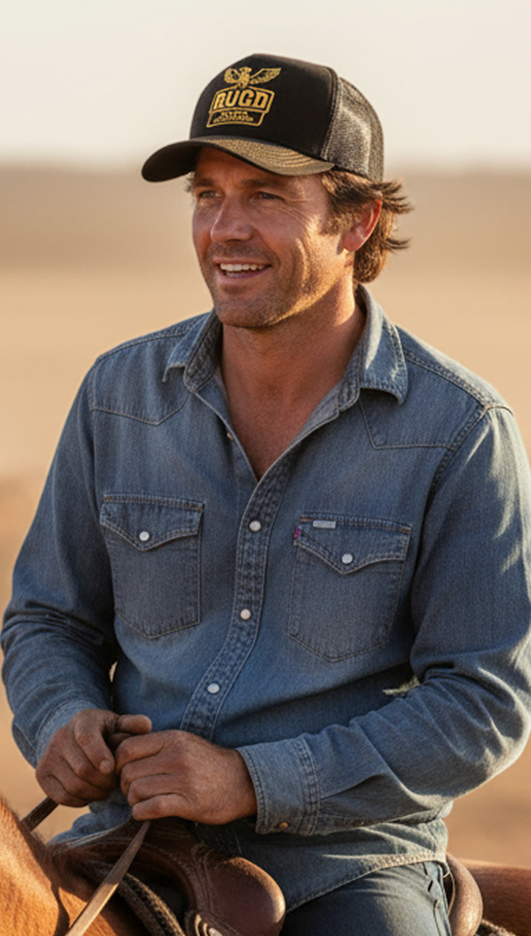 Man wearing kookaburra trucker hat get rugd cap outback aussie headwear