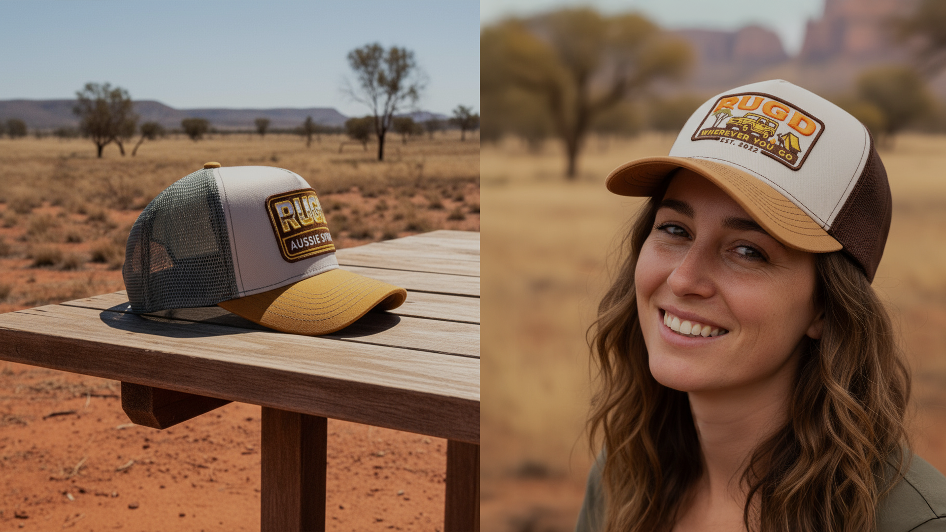 Two hats on a wooden surface with a desert landscape in the background, followed by a woman wearing one of the hats in the desert.