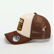 Get Rug'd Australian outdoor trucker cap in beige and brown with logo patch and mesh back for comfort