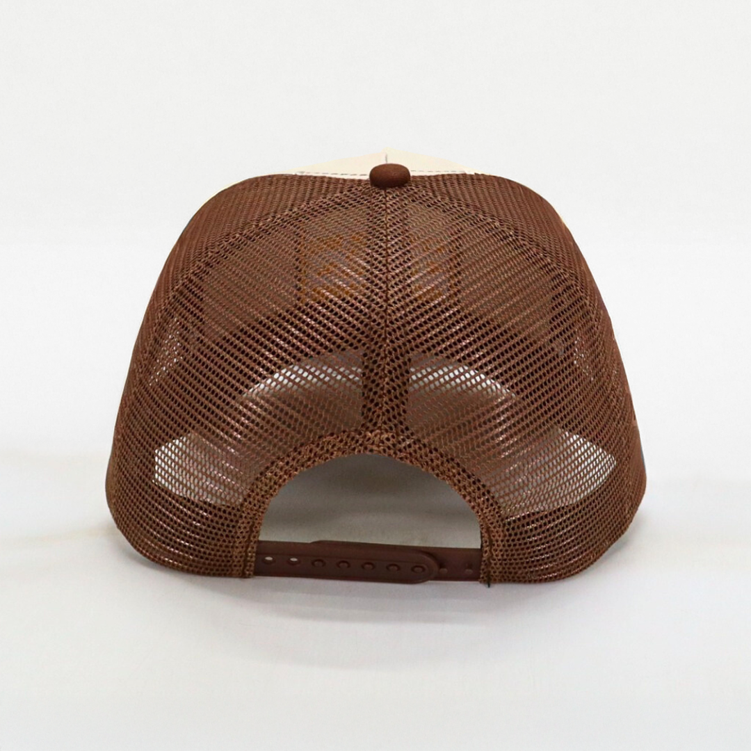 Back view of Get Rug'd Australian outdoor trucker cap with mesh design for breathability