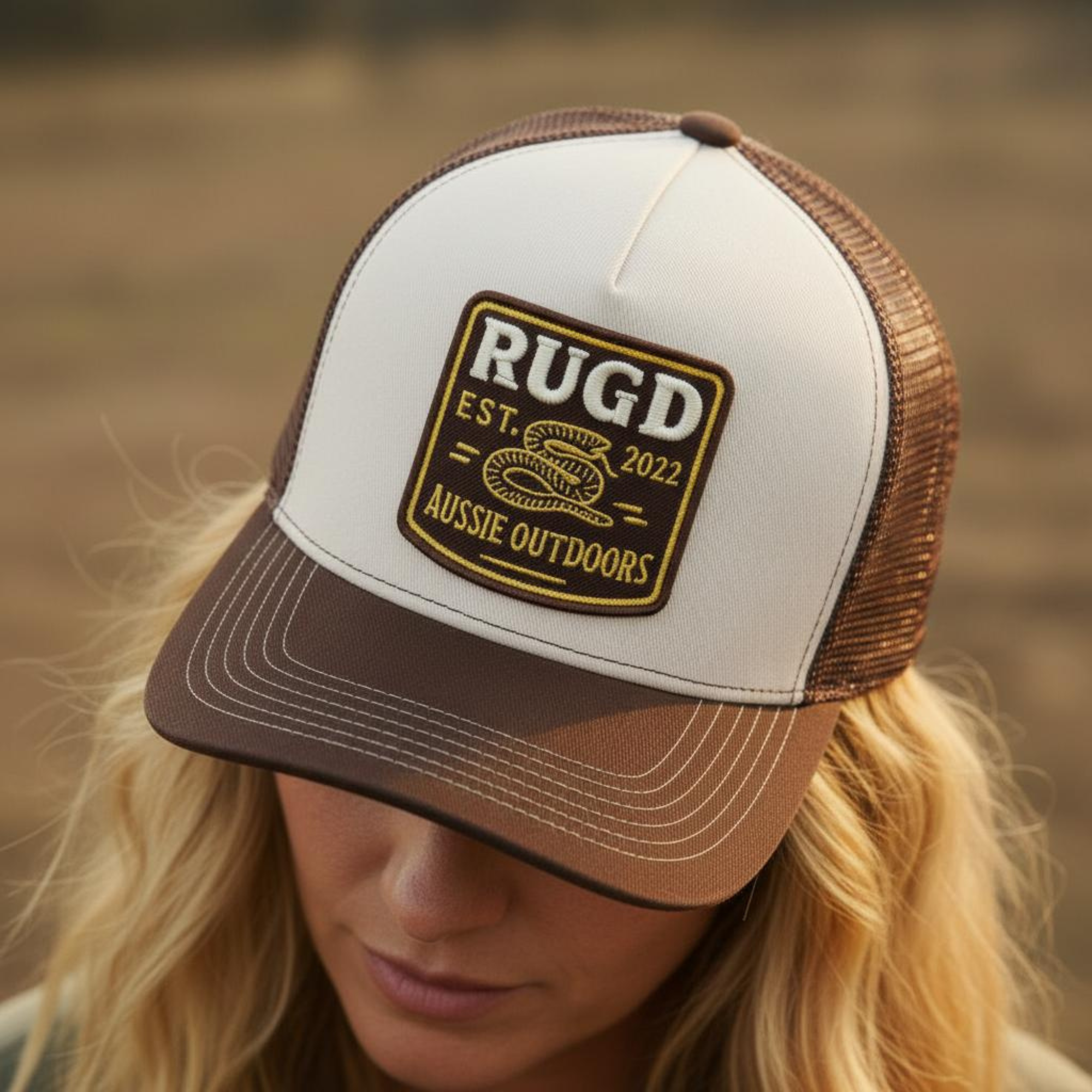 Get Rug'd Australian outdoor trucker cap featuring a vintage-style logo for outdoor enthusiasts