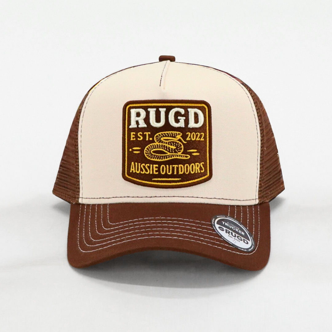Get Rug&#39;d Australian outdoor trucker cap featuring a logo and a classic design for outdoor enthusiasts