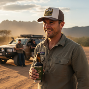 Get Rug'd Australian outdoor trucker cap worn by a man holding a drink in a desert setting