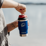 Get Rug'd Best Stubby Cooler Coffee Cup in Blue with stainless steel bottom for hot and cold beverages