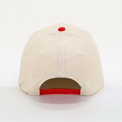 Back view of Get Rug'd cap featuring a beige color and red snapback closure