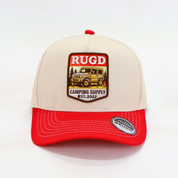 Get Rug'd Camping Supply Cap with Vintage Truck Design and Red Brim, Ideal for Outdoor Adventures