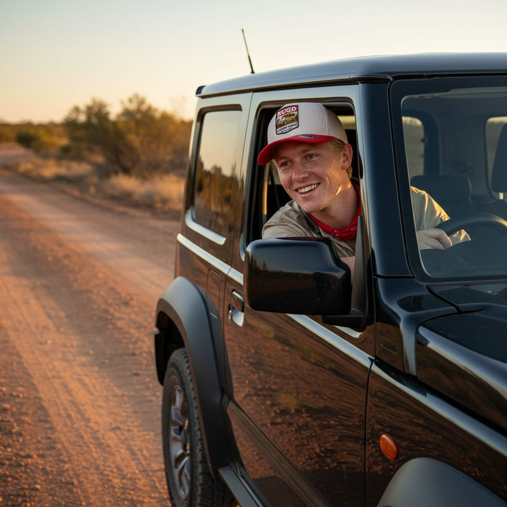 Get Rug'd Cap in Gray and Red, perfect for outdoor adventures and casual wear
