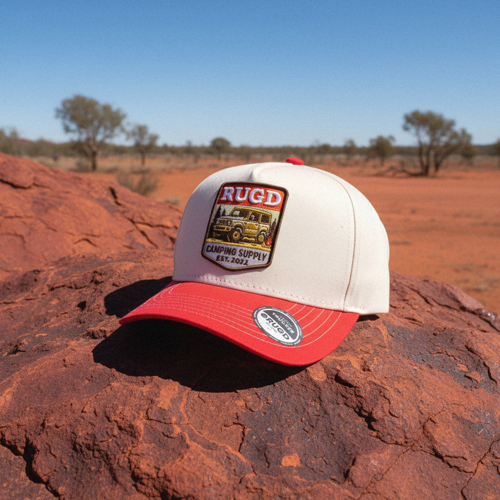 Get Rug'd Camping Supply Cap with Red Brim and Vintage Patch Design for Outdoor Enthusiasts