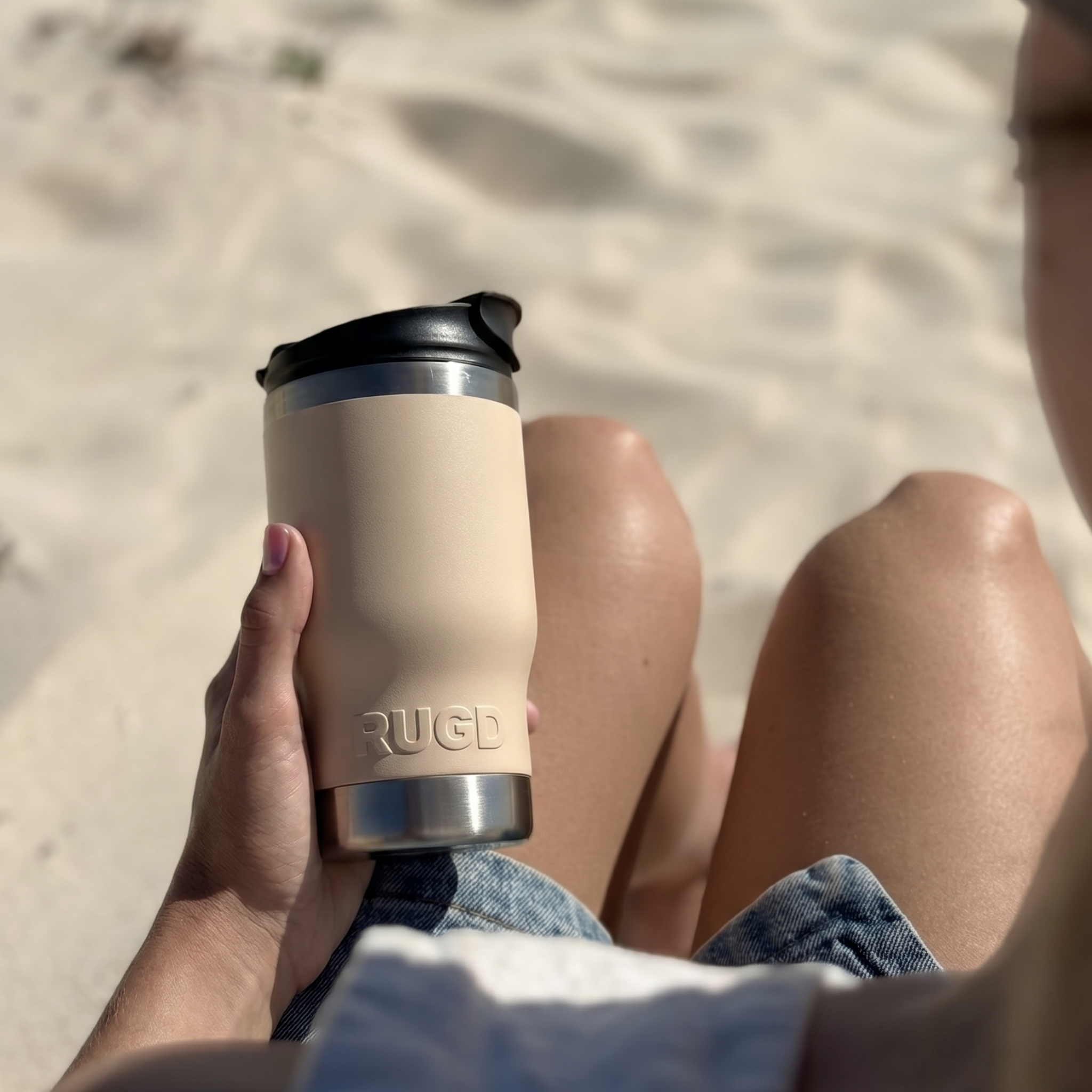 RUGDStubCup Beige stubby holder and coffee cup for stylish enjoyment at the beach