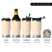 RUGD StubCup Beige stubby holder and coffee cup showcasing versatile features for beverages