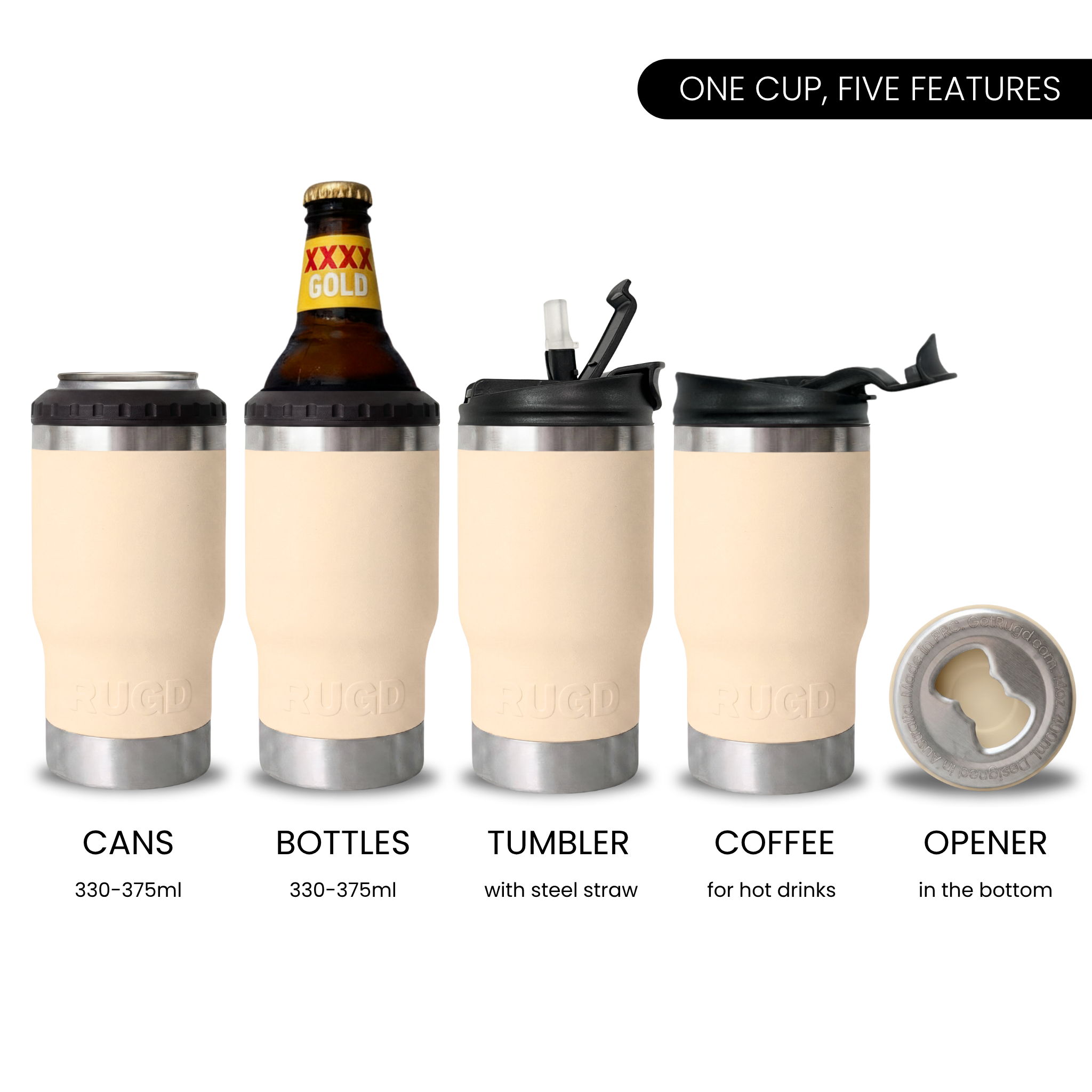 RUGD StubCup Beige stubby holder and coffee cup showcasing versatile features for beverages