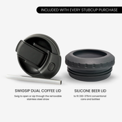 RUGD StubCup Beige stubby holder and coffee cup with removable stainless steel straw and silicone beer lid