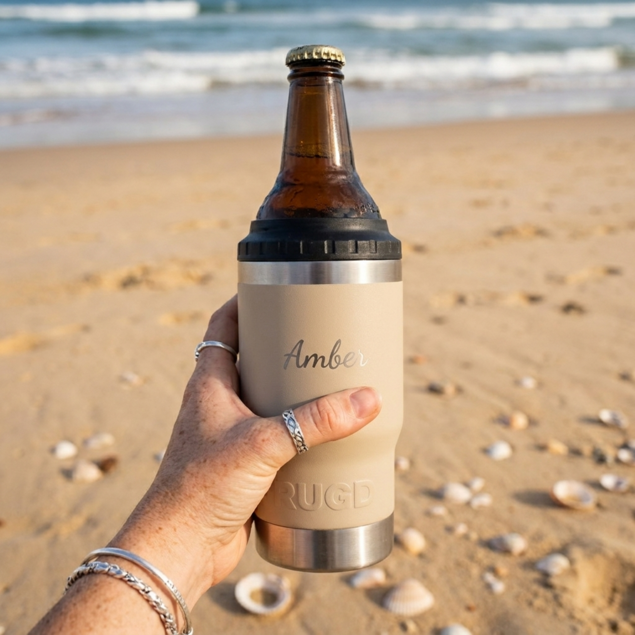 RUGD StubCup Beige stubby holder and coffee cup perfect for beach use with a bottle