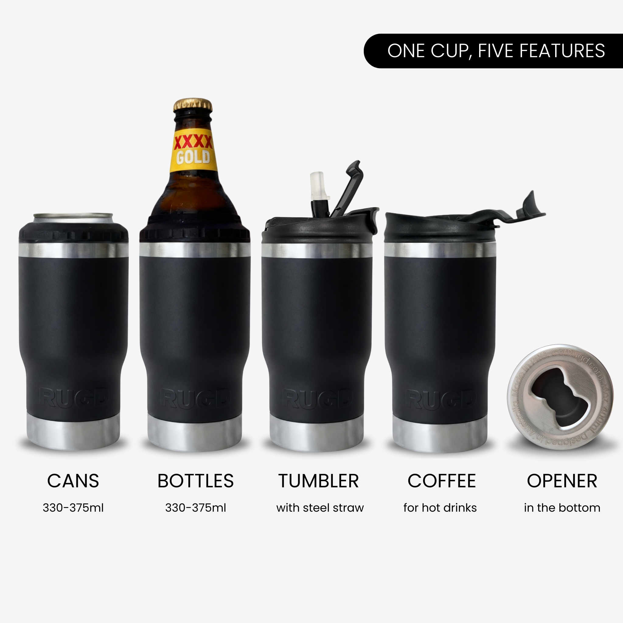Multifunctional black travel mug with various uses including cans, bottles, tumblers, coffee, and an opener.