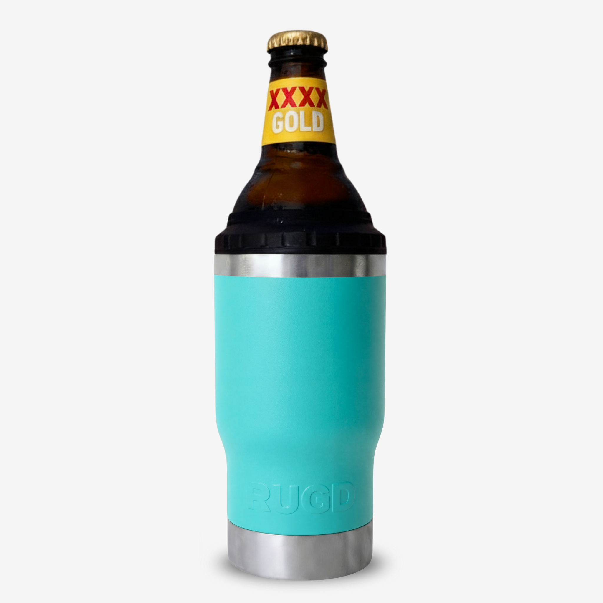 Get Rug'd Insulated Cup in Turquoise Holding a Beer Bottle for Outdoor Use