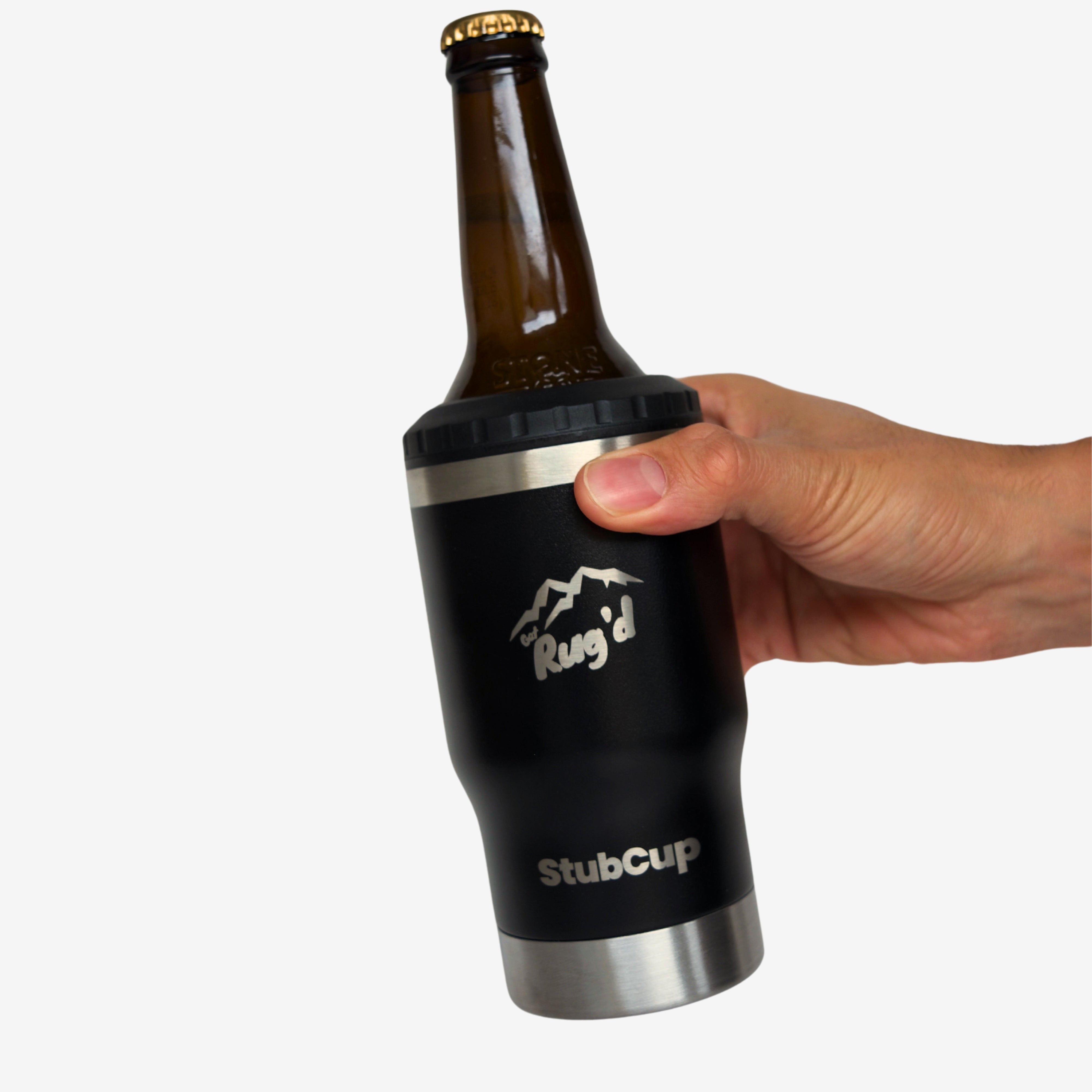 Get Rug'd black StubCup stubby cooler coffee cup drinking beer held in hand with bottle inserted