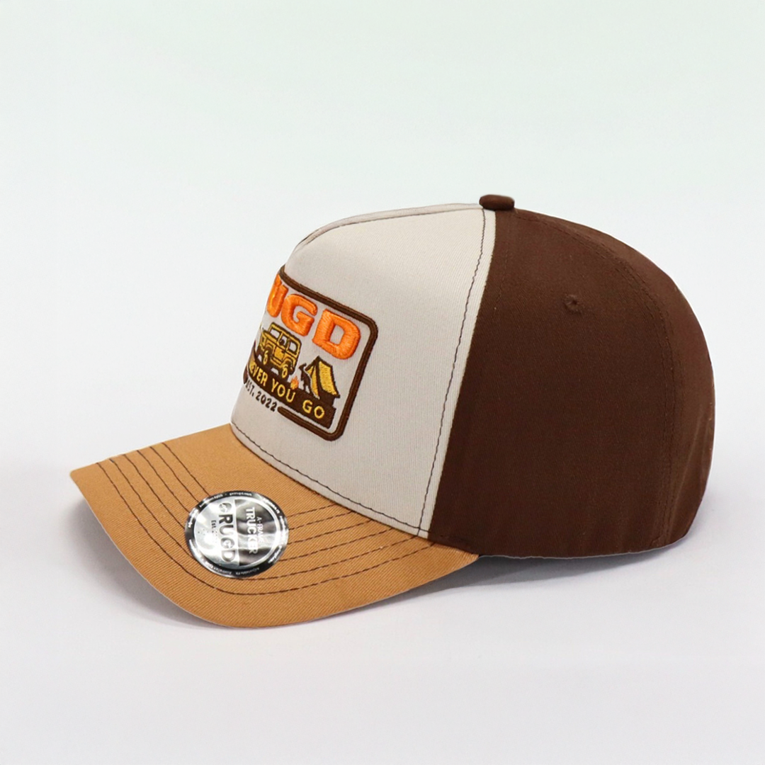 Get Rug'd Cap in Brown and Beige with Vintage Camping Patch for Outdoor Enthusiasts