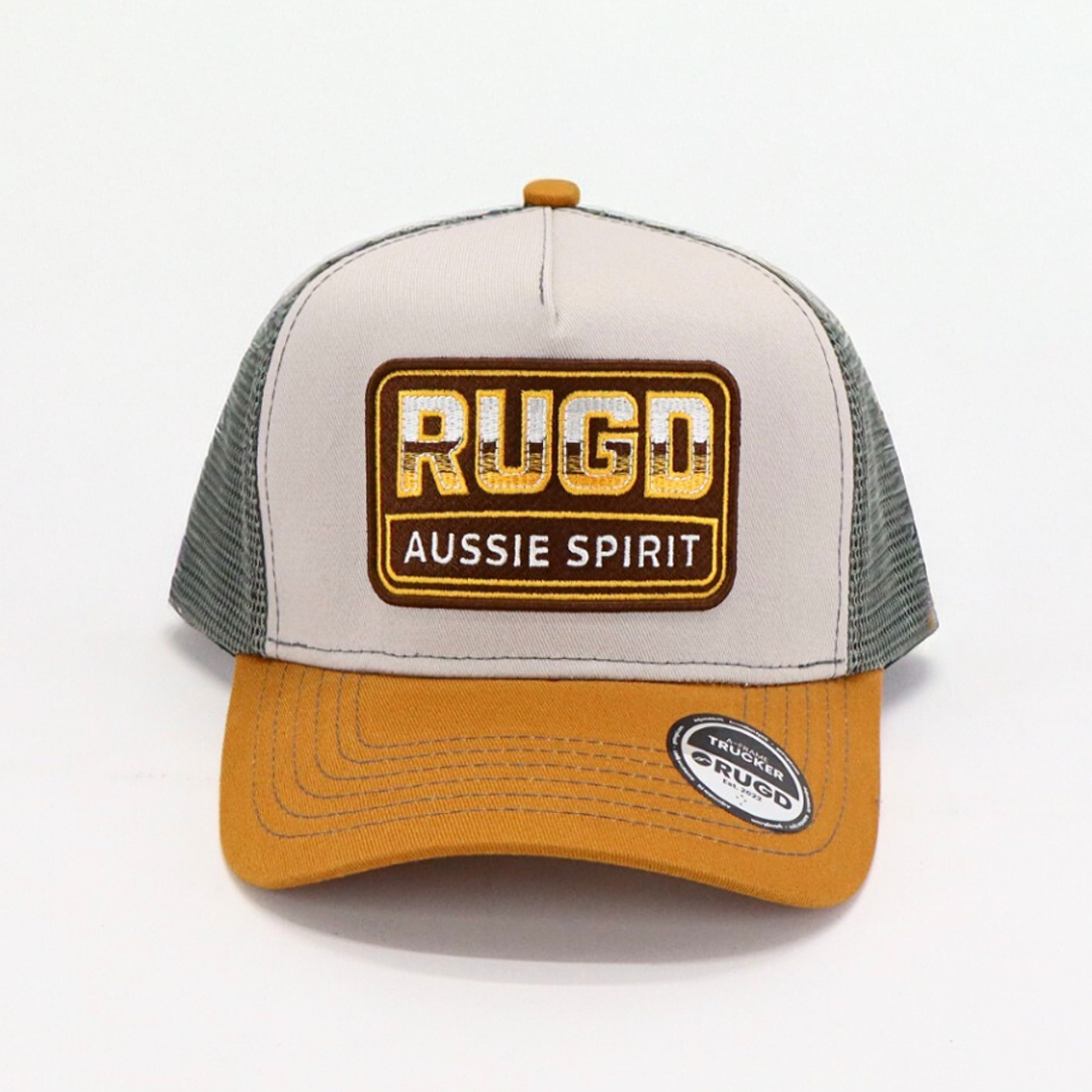 Get Rug'd Aussie Spirit Cap with a retro design and mesh back for outdoor enthusiasts