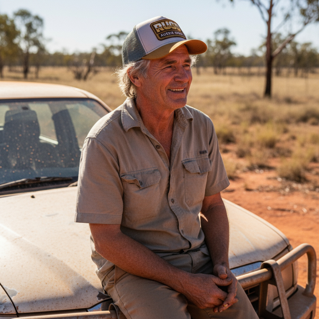 Get Rug'd Cap in Gray and Yellow Worn by a Man Sitting on a Truck in the Outback