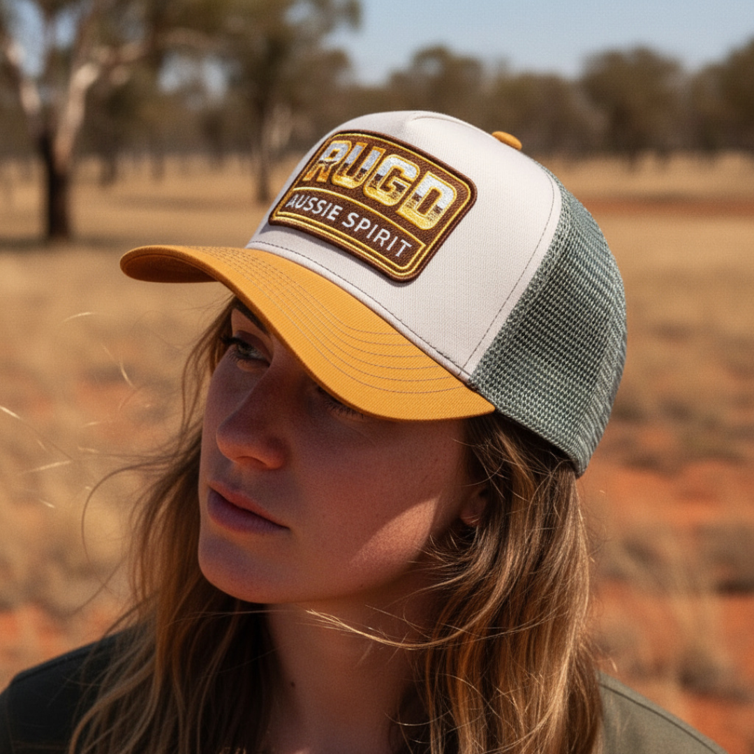 Get Rug'd Aussie Spirit Cap with Yellow Logo and Mesh Back for Casual Outdoor Style