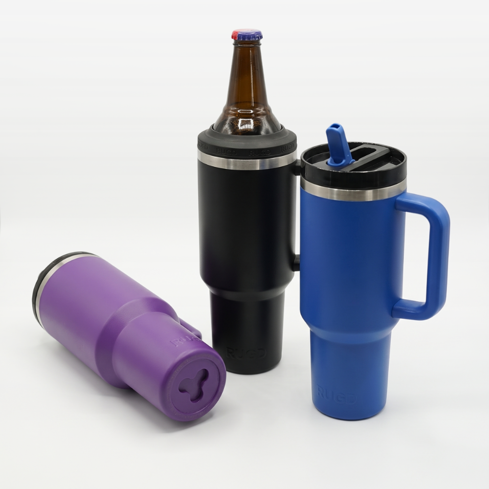 insulated tallie longneck cooler water bottle in black, blue, and purple colors with easy-grip handles from RUGD