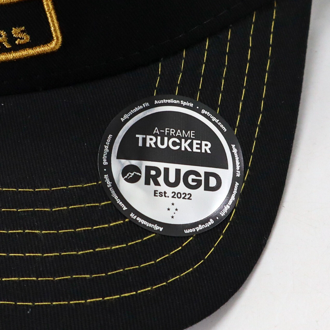 Get Rug'd A-Frame Trucker Cap in Black with Yellow Stitched Logo and Established 2022 Tag
