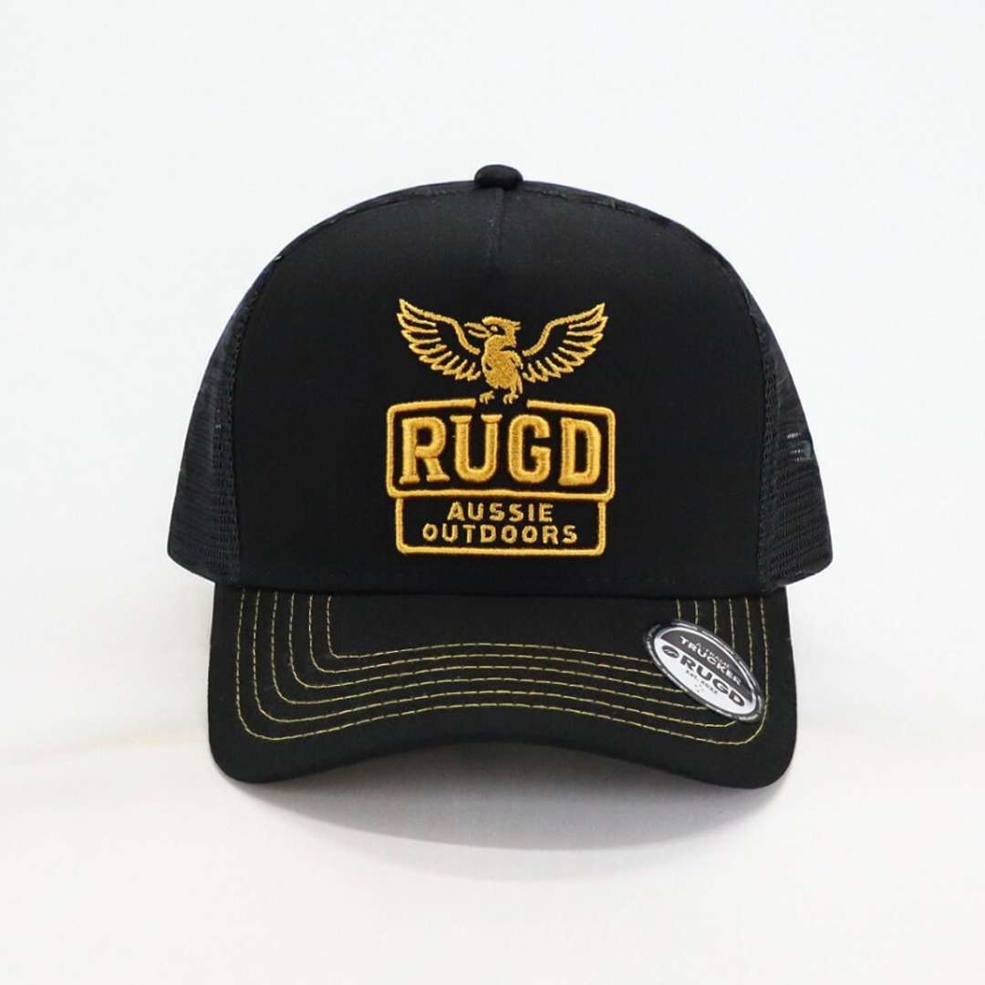 Get Rug'd Black Cap with Gold Embroidery and Aussie Outdoors Design for Outdoor Enthusiasts
