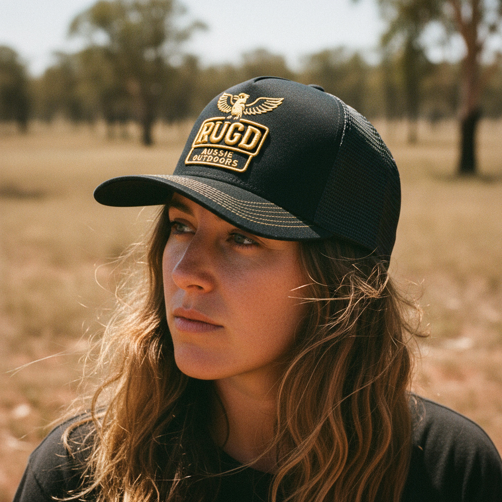 Get Rug'd Black Cap with Gold Eagle Patch Perfect for Outdoor Adventures