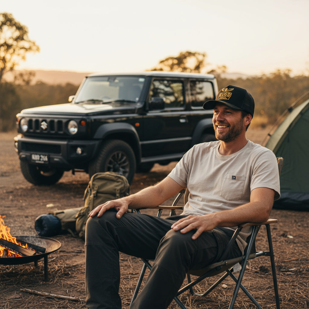 Get Rug'd Outdoor Cap in Black, perfect for camping adventures and outdoor activities