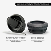 Stubcup with SwigSip Dual Coffee Lid and Silicone Beer Lid for versatile drinking from RUGD